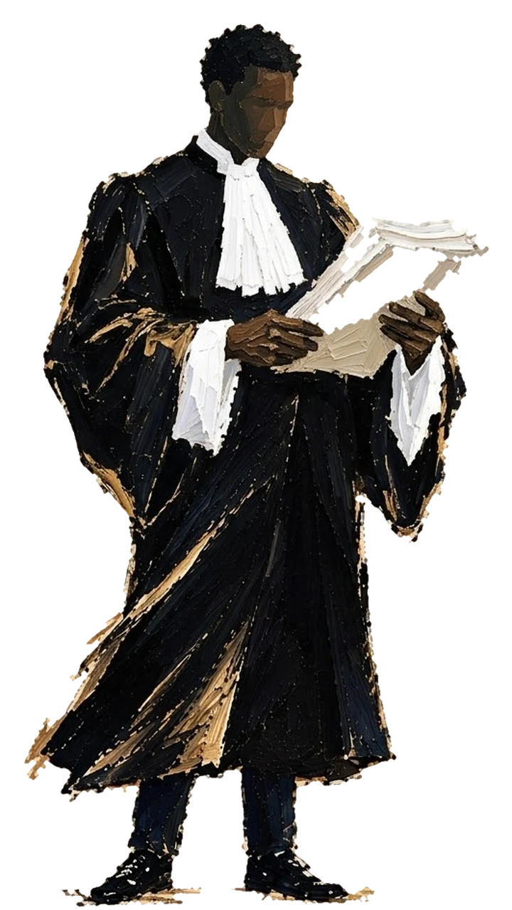 Peinture d'un avocat en robe noire et rabat blanc, debout, parcourant un dossier.