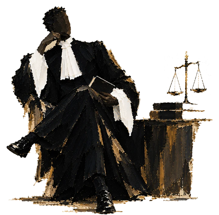Peinture d'un avocat en robe, assis, un livre sur les genoux, près d'une balance de la justice posée sur des ouvrages.
