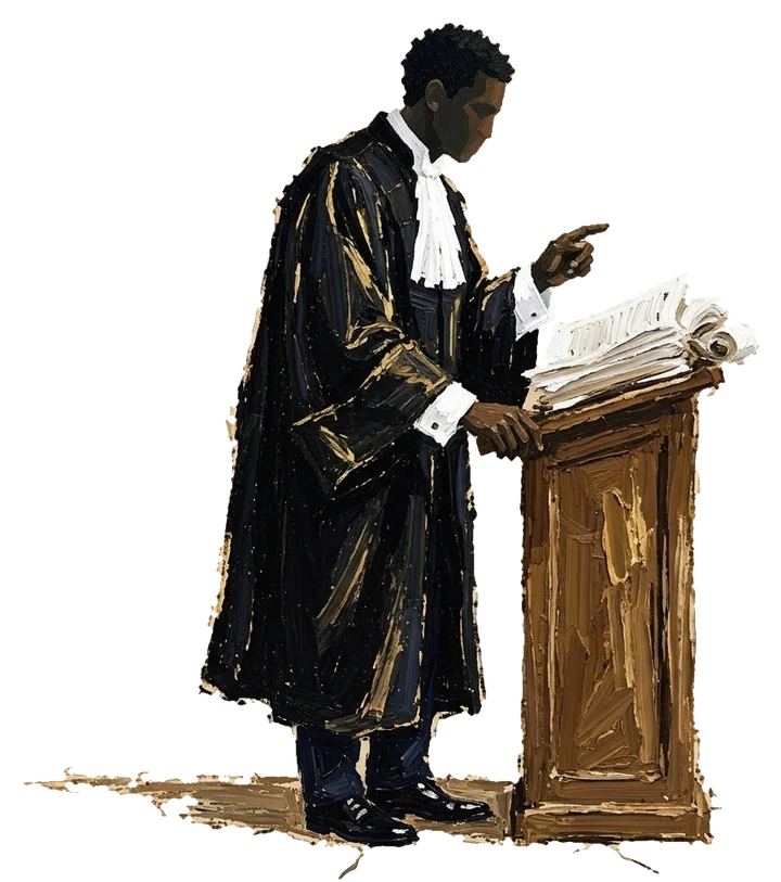 Peinture d'un avocat en robe, debout devant un pupitre où repose un code ouvert, une main levée.